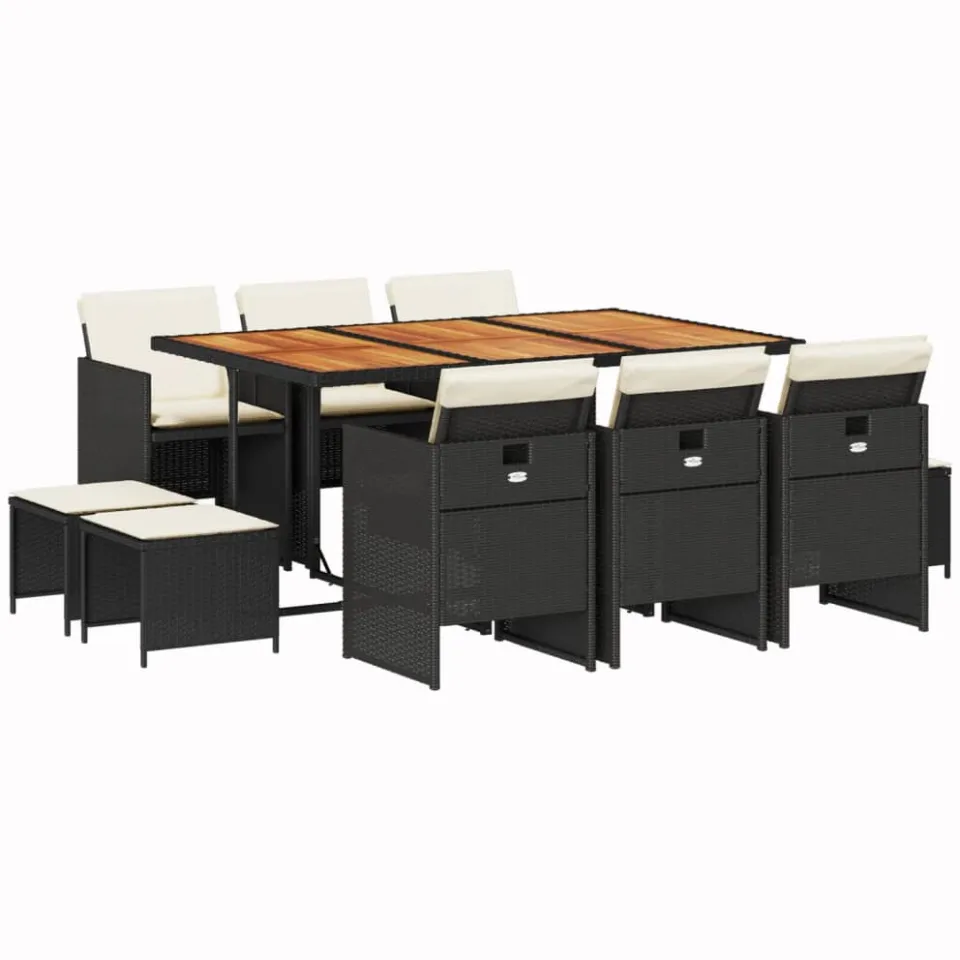 vidaXL 11-delige Tuinset met kussens poly rattan zwart