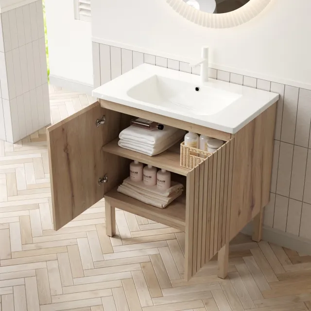 REDOM Badkamermeubel met wastafel - Geïntegreerde keramische wastafel - Verstelbare plank - Soft-close deuren - Vrijstaand - Witte eik - 80,5 x 46,5 x 88 cm