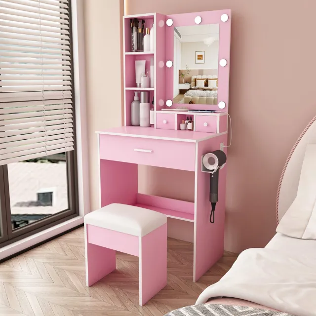 OKWISH Kaptafel – Spiegel Met 3 Lichtmodi En Stopcontact – Met Föhnhouder, 3 Lades En Hocker – Voor Slaapkamer – MDF Roze – 60x38x131,5 cm