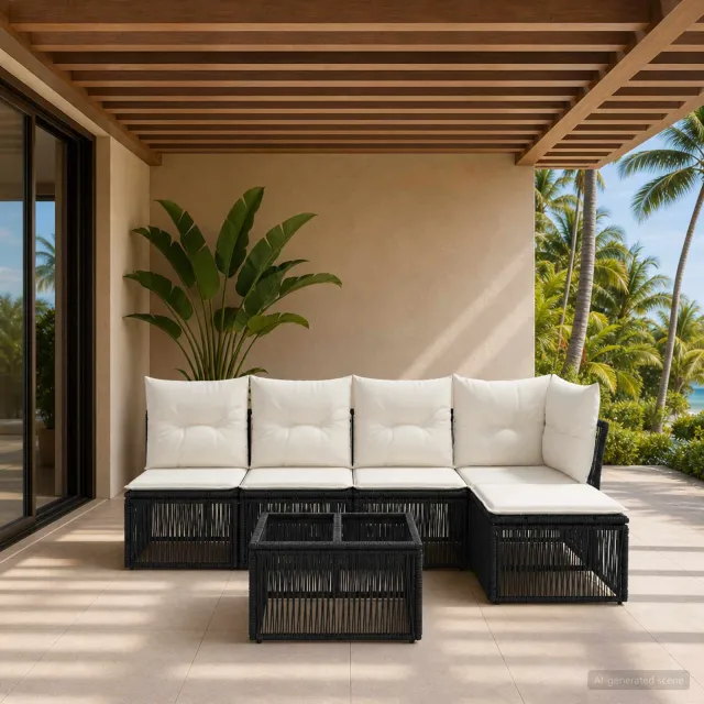vidaXL Tuinbankenset 6 st 5-zits Zwart poly rattan, foto 2