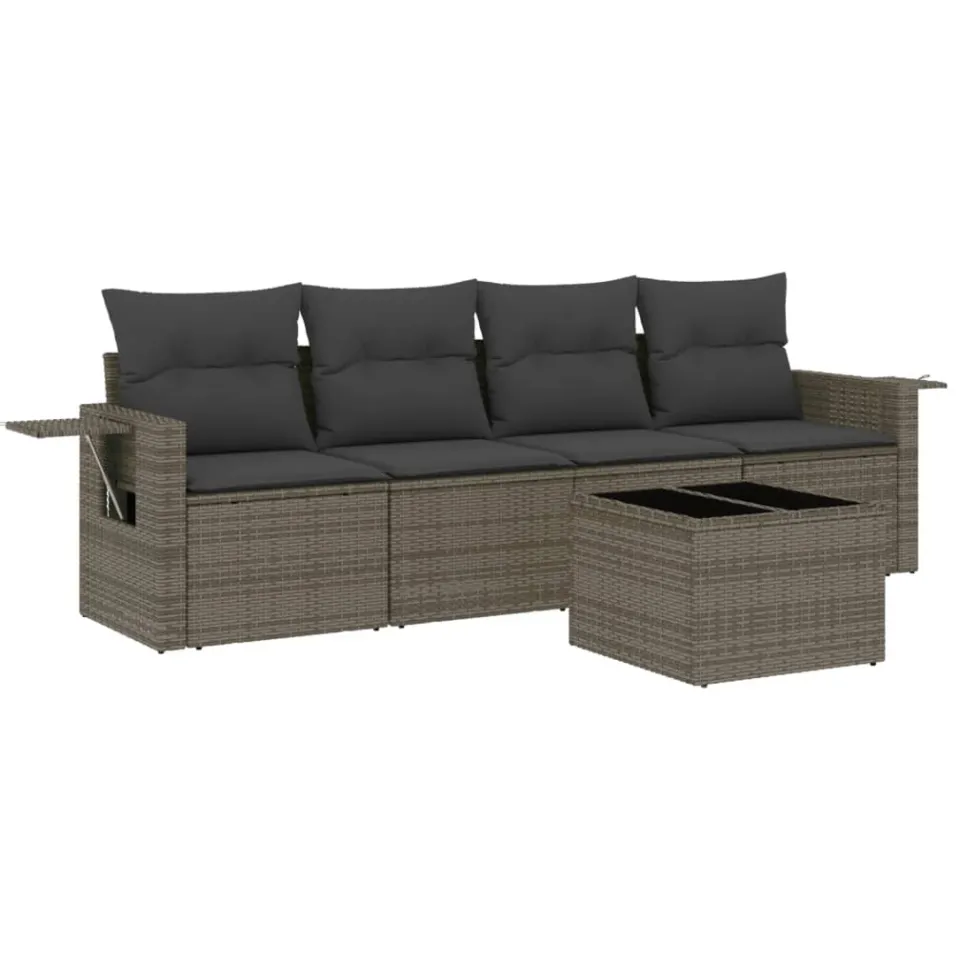 vidaXL 5-delige Loungeset met kussens poly rattan grijs, foto 4
