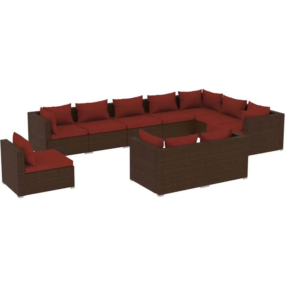 vidaXL 10-delige Loungeset met kussens poly rattan bruin