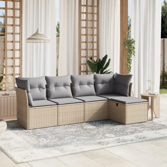 vidaXL 5-delige Loungeset met kussens poly rattan gemengd beige, foto 2