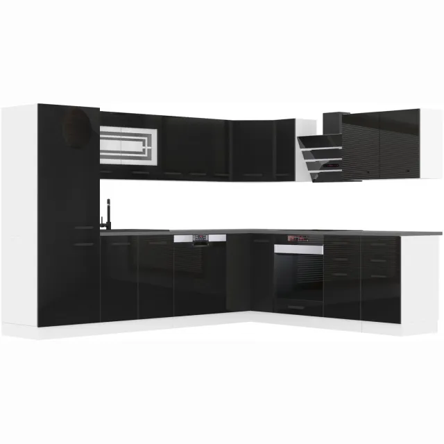 B BELINI GROUP BELINI L-Vorm Keukenblok JULIE - Keukenmeubel Set 460 cm Zwart Hoogglans met Werkbladen - Boven- en Onderkasten