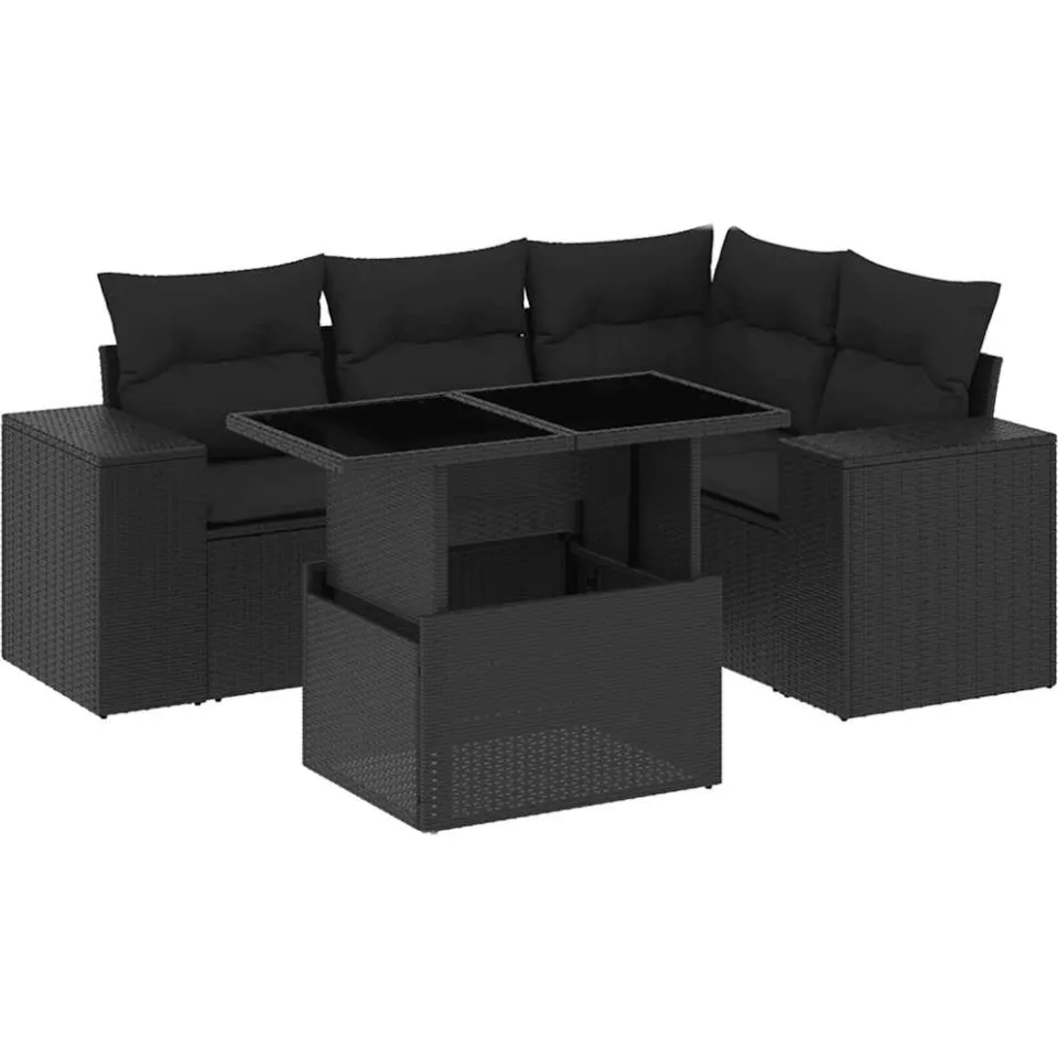 vidaXL 5-delige Loungeset met kussens poly rattan zwart, foto 3
