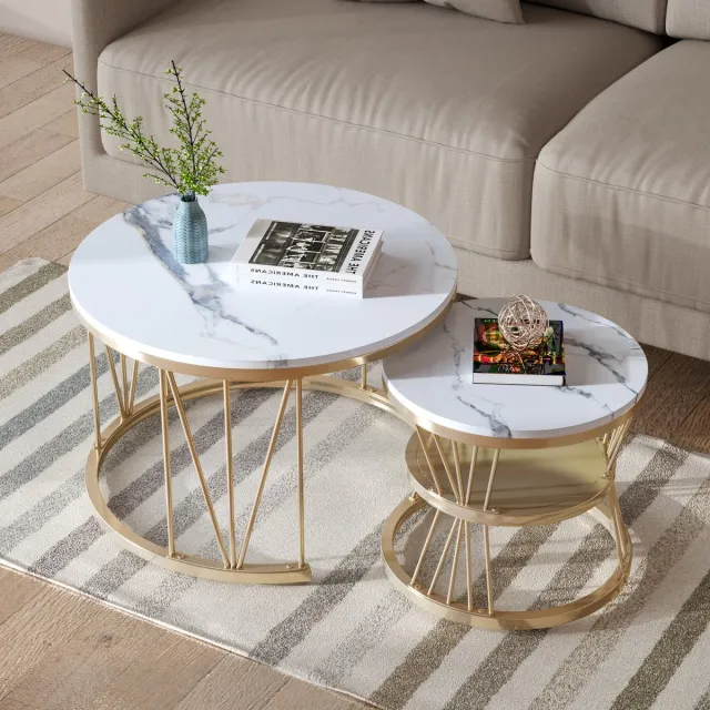 Solvenrik Nesttafels Set van 2 – Ronde Salontafel & Bijzettafel – Marmerlook Tafelblad – Met Metalen Frame en Opbergruimte – Modern Design Goud