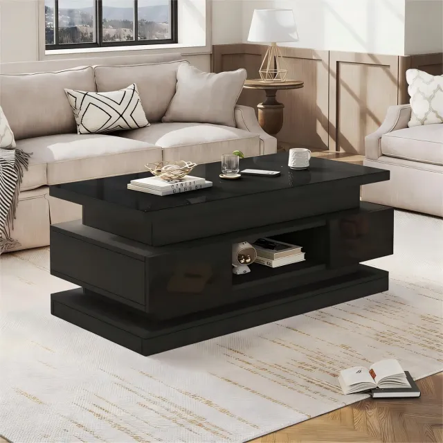 REDOM Salontafel 100x50x40 cm, spaanplaat hoogglans met 2 lades Zwart