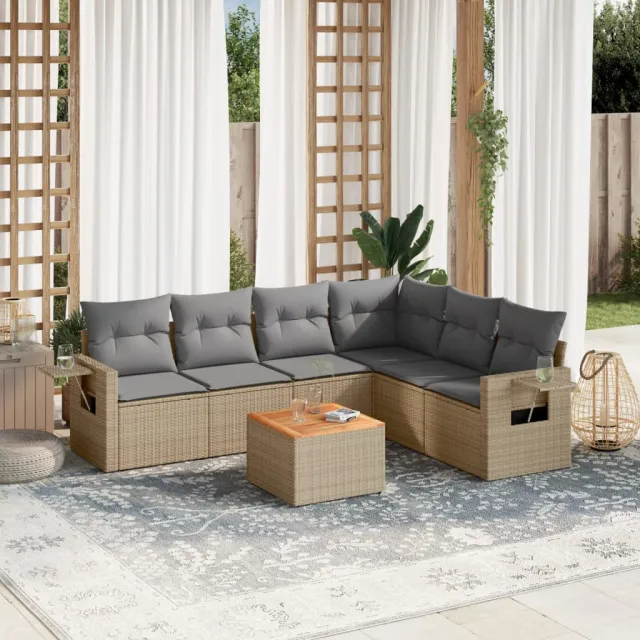 vidaXL 7-delige Loungeset met kussens poly rattan gemengd beige, foto 2