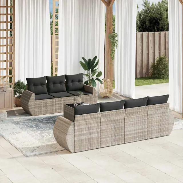 vidaXL 8-delige Loungeset met kussens poly rattan lichtgrijs grijs, foto 2