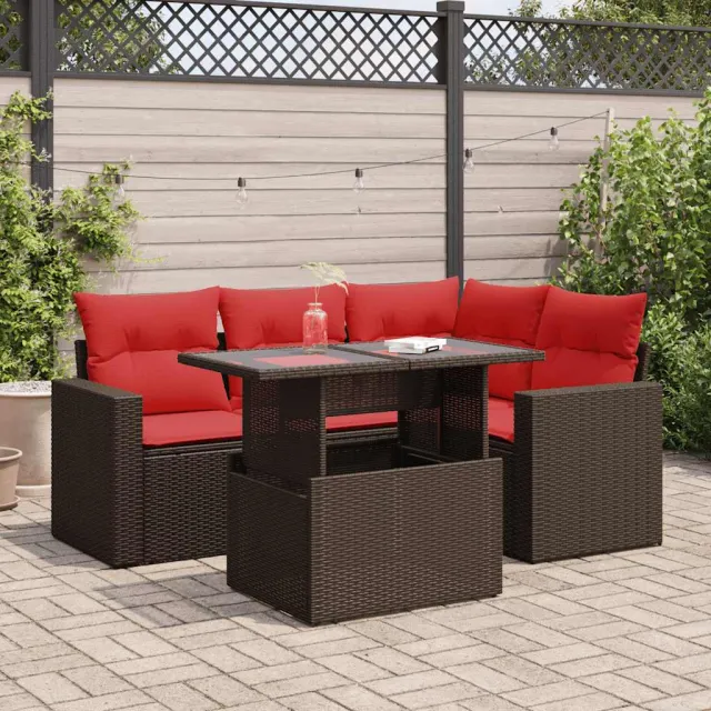 vidaXL 5-delige Loungeset met kussens poly rattan acacia bruin, foto 2