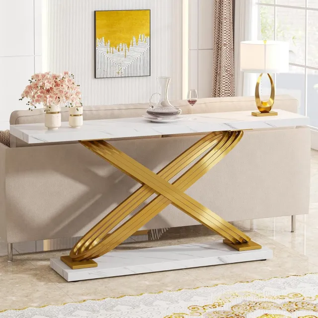 Tribesigns Consoletafel - Sidetable - Console - Haltafel - Metaal/Vals Marmor - Wit en Goud - Modern - 140 x 80 x 33 cm - Console Tafel