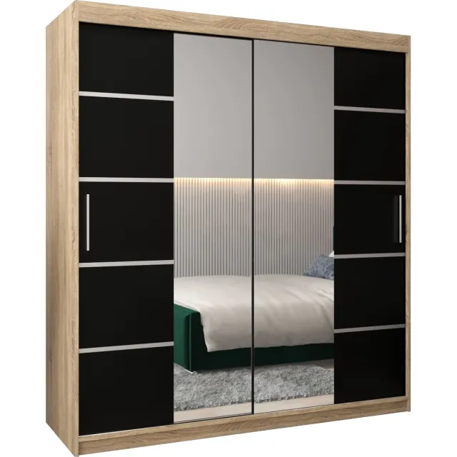 AJE Meubles B.V. InspireMe - Kledingkast met 2 schuifdeuren, Modern-stijl, Kledingkast met planken (BxHxD): 180x200x62 - VENTILA IV 180 Sonoma Eik + Zwart Mat met 4 lades