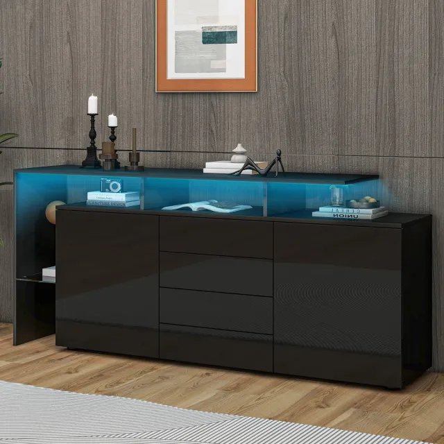 Clruro Dressoir - 140x35x72 cm - Hoogglans met LED - Modern voor Woonkamer - Hout - Zwart