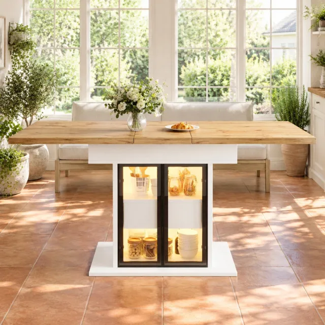 WUVRIE Uitschuifbare eettafel 110-140x80 cm - Opbergruimte met RGB-LED-verlichting - Wit