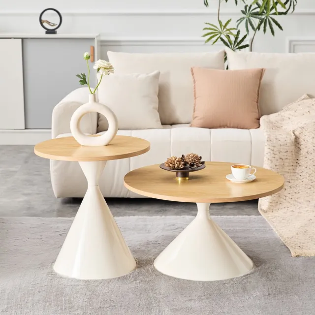 REDOM Couchtafel set van 2 - Rond - Melamine blad in houtlook - Metalen kegelvoet - Modern - Woonkamer, slaapkamer en kantoor - Hout - 70 cm