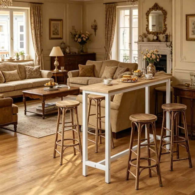 MEUNIQ Bartafel 140 x 40 x 100 cm – rechthoekige hoge tafel met metalen frame, verstelbare voeten en dwarsstangen – wit en licht eiken