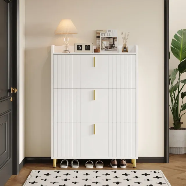 DESMIU Schoenenkast - Smal Ontwerp Met 3 Kleppen En Verstelbare Vakken - Voor Hal En Entree - MDF - 80x23,5x123,5 Cm - Wit