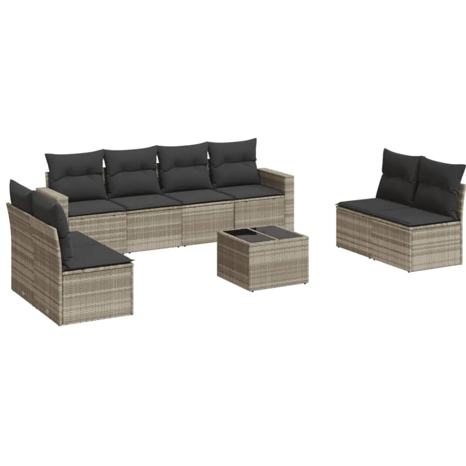 vidaXL 9-delige Loungeset met kussens poly rattan lichtgrijs grijs