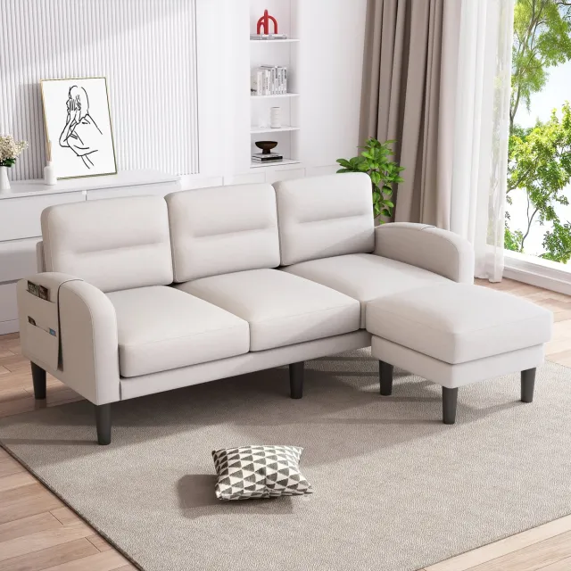 MUVANO Hoekbank L-Vorm - Beige 3-Zits Hoekbank Met Chaise Longue - Modulaire Bank-Bank Met Zijvakken - 204x136x80cm- Opbergen- Woonkamer Beige
