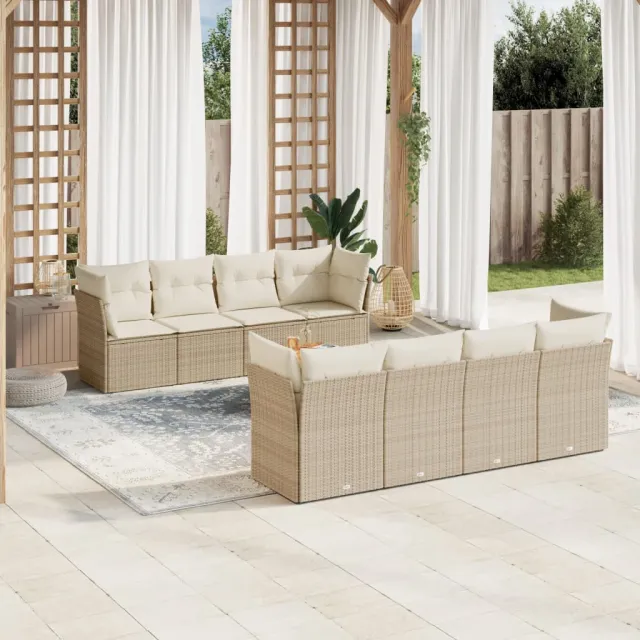 vidaXL 9-delige Loungeset met kussens poly rattan beige, foto 2