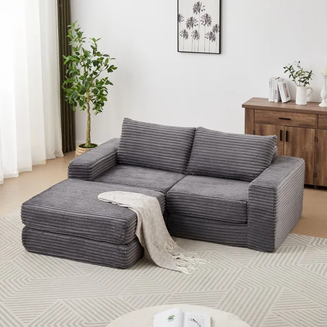 MODFU Slaapbank - Modulair En Met Verplaatsbare Hocker - Klassiek - Voor Woonkamer - Cord - Grijs