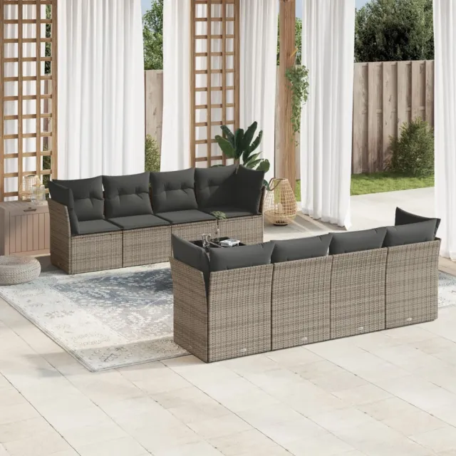 vidaXL 9-delige Loungeset met kussens poly rattan grijs, foto 2
