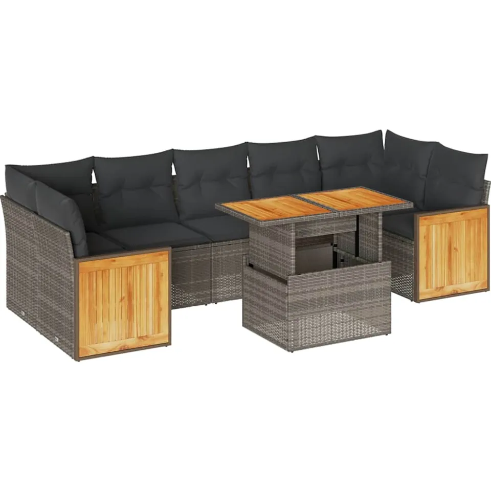 vidaXL 8-delige Loungeset met kussens poly rattan acacia grijs, foto 3