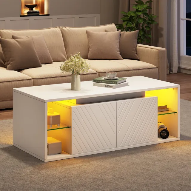 COVREO Salontafel met LED-verlichting – 100x50x41 cm – Woonkamertafel met 2 deuren – Opbergtafel met halfopen vakken – Wit
