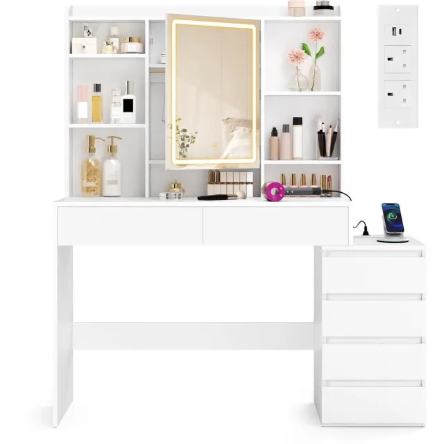 Klarven Kaptafel Wit - Oplaadstation Kaptafel - Dressing Table - Spiegel met Dimbare LED-Verlichting, Lades en Geintegreerd Oplaadstation - 124,7x40x145 cm