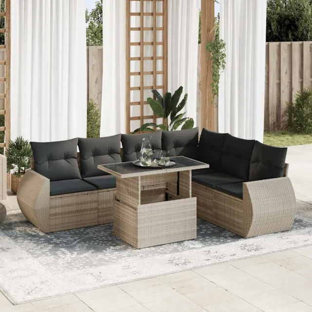 vidaXL 7-delige Loungeset met kussens poly rattan lichtgrijs grijs, foto 2