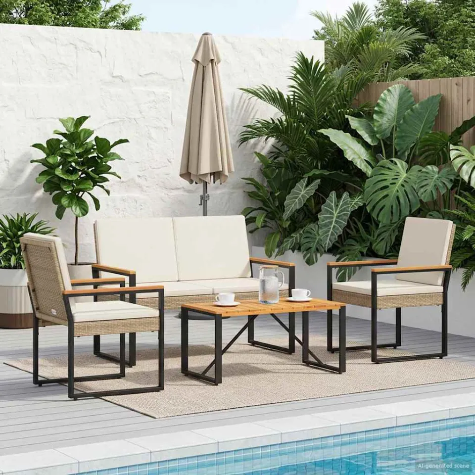 vidaXL Buitenmeubelset 4 st Beige en Crème Wit poly rattan, foto 3