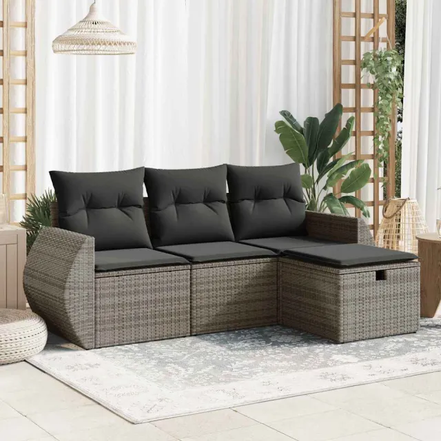 vidaXL 4-delige Loungeset met kussens poly rattan grijs, foto 2