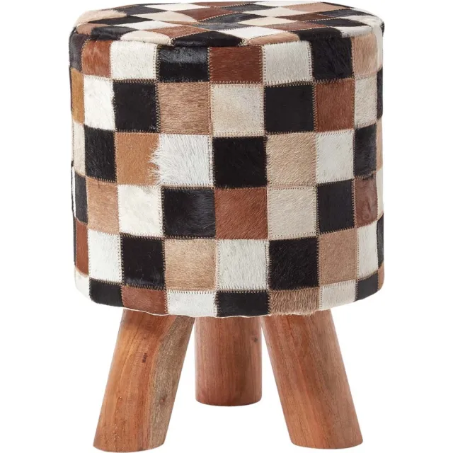 Homescapes kruk gemaakt van leer echt geitenleer houten poten 32 rond Bruin