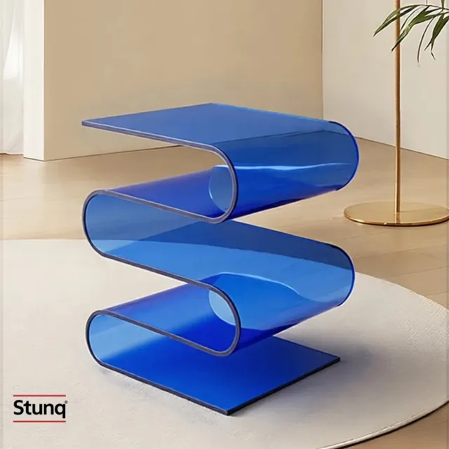 Stunq S-vormige boekenplank van acryl, transparant blauw, golvende rand