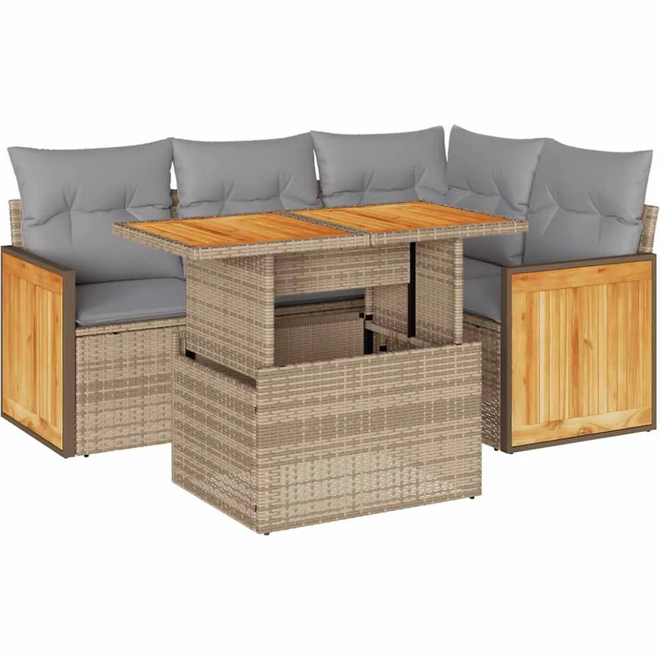 vidaXL 5-delige Loungeset met kussens poly rattan en acaciahout beige, foto 3