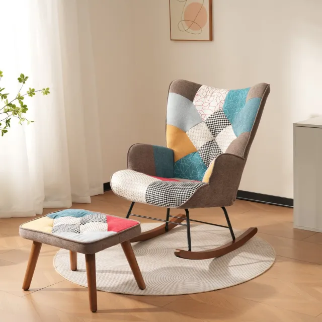 Gutent Fauteuil, Kleurrijk, voor- en Achterwaartse Schommelstoel met patchwork, Loungestoel met voetensteun, woonkamerstoel, schommelstoel