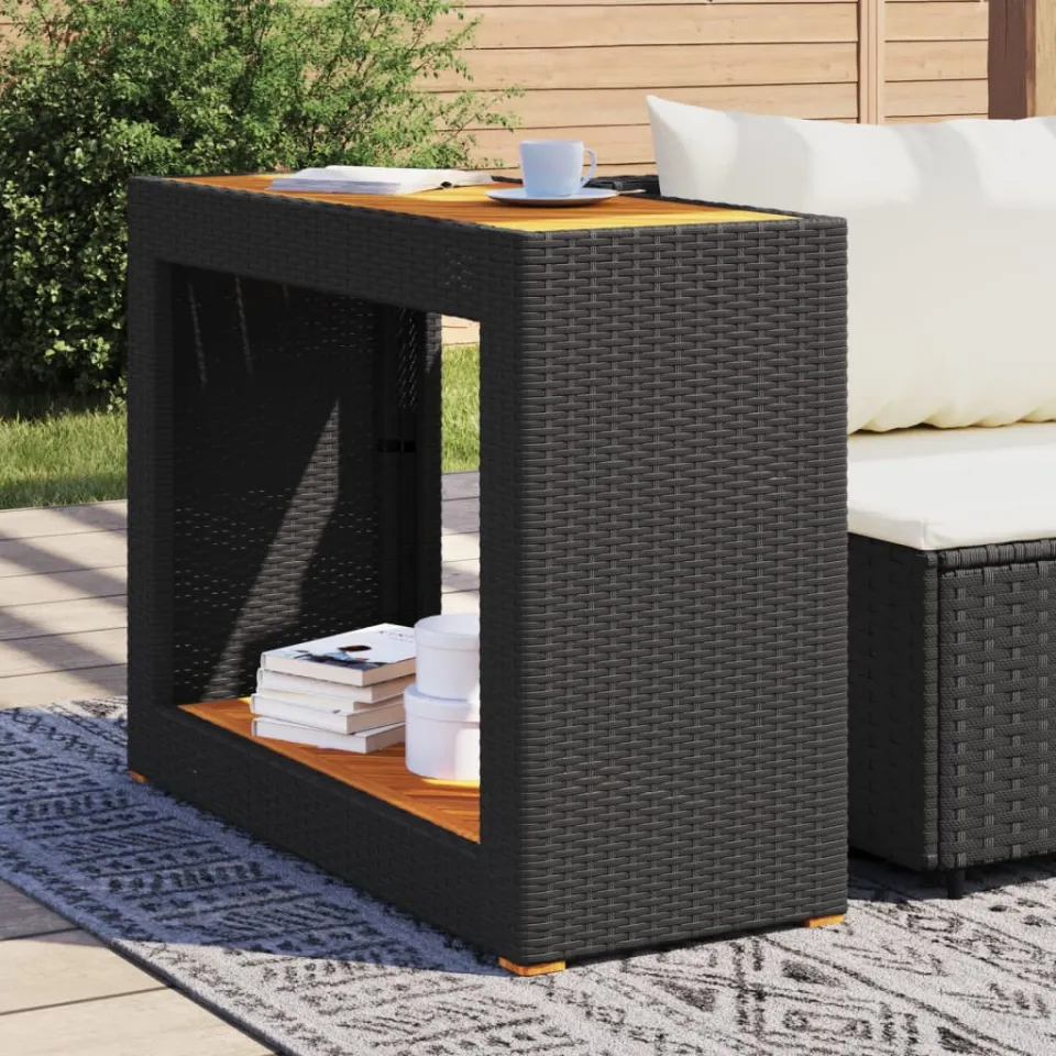 vidaXL Tuinbijzettafel met houten blad 100x40x75 cm poly rattan zwart, foto 3