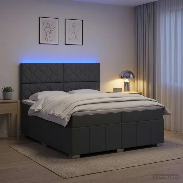 vidaXL LED Boxspring Bed met Matras Donkergrijs 200 x 200 cm Stof