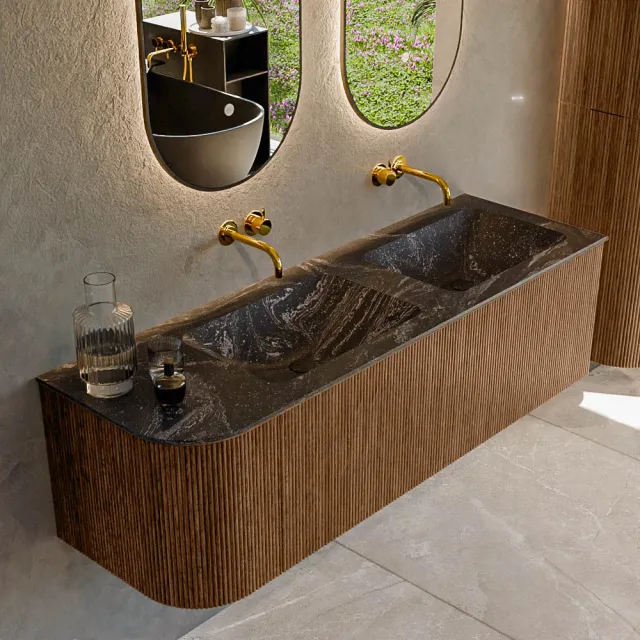 Mondiaz KURVE-DLUX 145 cm Onderkast Greeploos 1 Lade Met Deuren Walnut, Wastafel Solid Surface Rechts Lava 0 Kraangaten Zonder Spiegel (KRVLEA145L1L1D0KD-Wal/Lav)