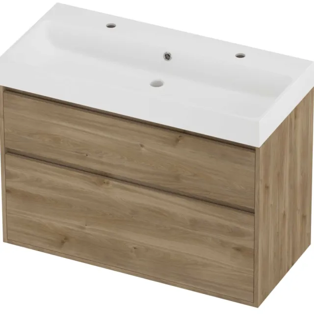 Proline Podium Badmeubelset Polystone Loft 2 Kraangaten Greeploos 100x46x75 cm Mat White Cider Oak Eiken