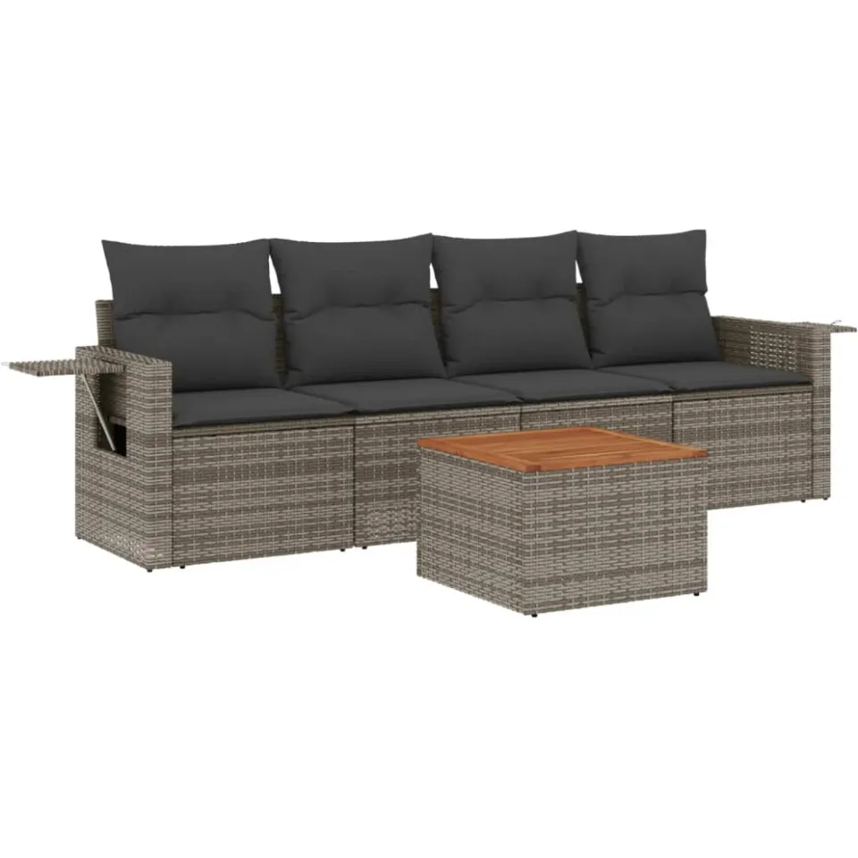 vidaXL 5-delige Loungeset met kussens poly rattan grijs, foto 3