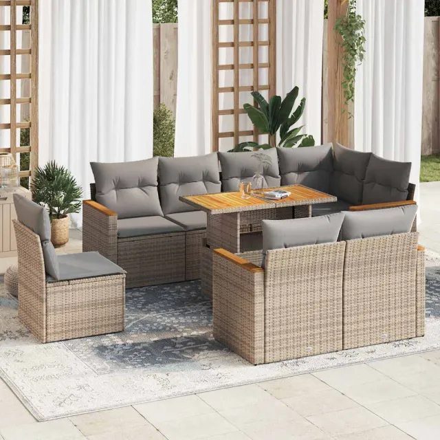 vidaXL 9-delige Loungeset met kussens poly rattan acacia beige, foto 2