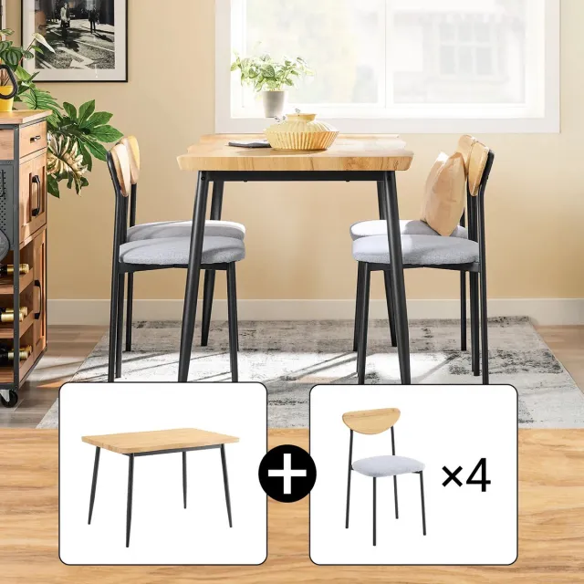 Gudalio Eettafel Set - Tafel - Keukentafel - 4 Persoons - Gestoffeerde Stoelen - Keukenstoelen - Modern - 5 Delig - Hout Hout/ Zwart/ Grijs