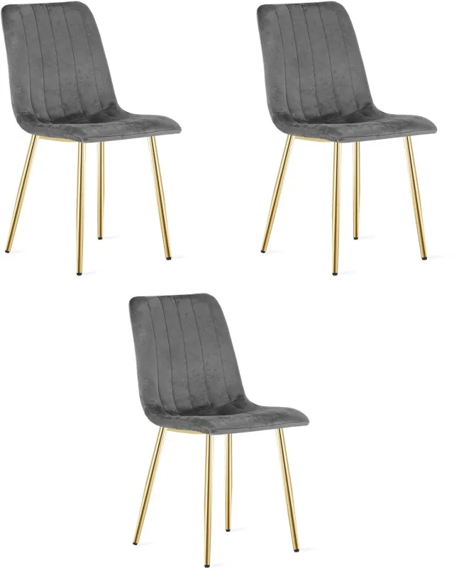 Oskar LAVA Eetkamerstoelen – Set van 3 – Grijs Velvet – Goudkleurige Metalen Poten – Comfortabele Gestoffeerde Zitting – Modern Design – Velvet Stoel voor Woonkamer, Keuken en Eetkamer – Max. 110 kg per Stoel