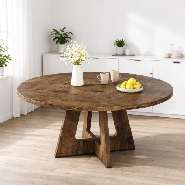 Triumpunpre Ronde Eettafel - Keukentafel - 120 cm - Industrieel Rustiek Design - Houten tafel met kruisvormige voet - voor 4‑6 Personen - voor Keuken, Eetkamer & Woonkamer - Rustiek Bruin