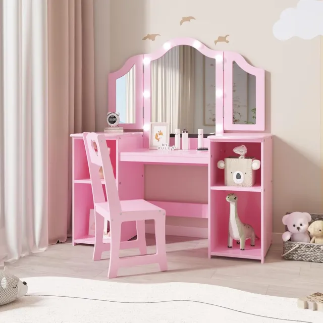 HOERFURIY 2-in-1 Kinder Kaptafel & Bureau - Met LED Verlichting & Stoel - Drieluik Spiegel - 4 Opbergvakken - Scandinavisch Design - Roze