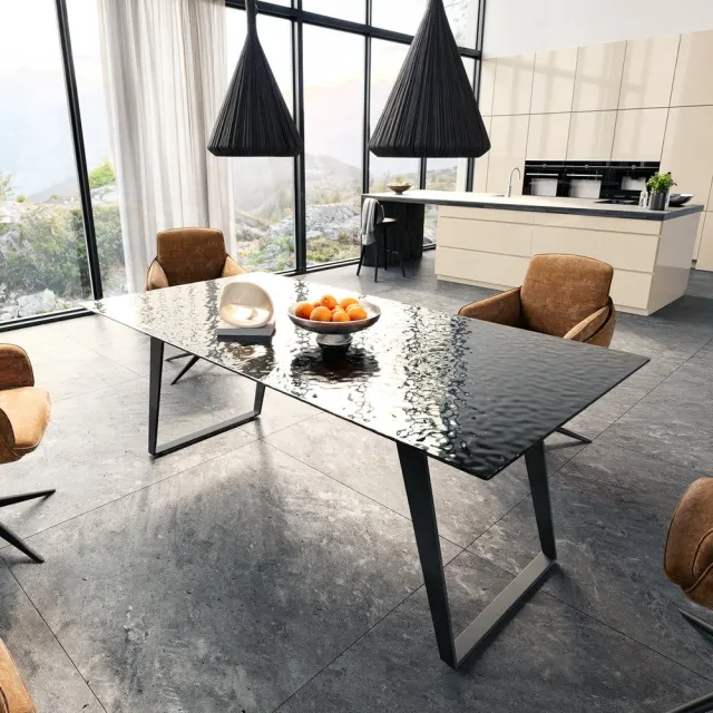 DELIFE Eetkamertafel Edge Glas smelten rokerig zwart 3D-Relief 200x100 metaal schuin zwart
