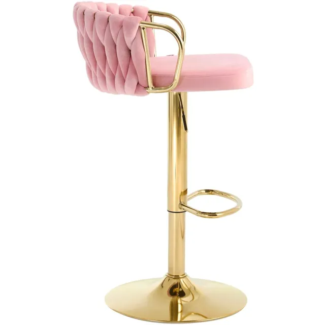 Klarven Barkrukken Set van 2 Roze - Met Rugleuning en Armleuningen - 360 Graden Draaibaar en In Hoogte Verstelbaar, Fluwelen Zitting - B 50,5 x D 49,5 x H 77-98 cm