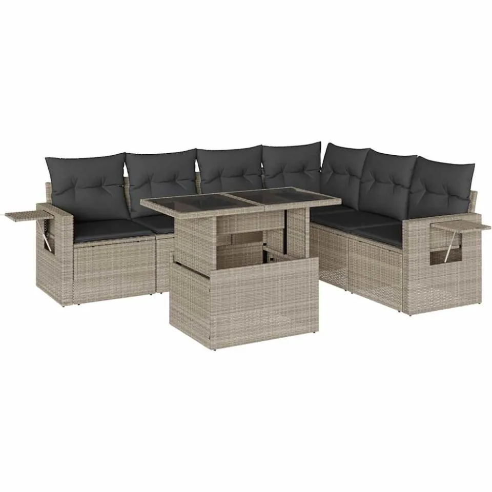 vidaXL 7-delige Loungeset met kussens poly rattan lichtgrijs grijs