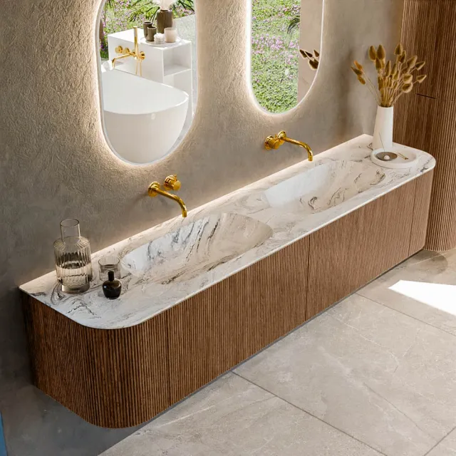 Mondiaz KURVE-DLUX 200 cm Onderkast Greeploos 2 Lades Met Deuren Walnut, Wastafel Solid Surface Dubbel Glace 0 Kraangaten Zonder Spiegel (KRVSTS200L+R2L2D0KD-Wal/Gla)